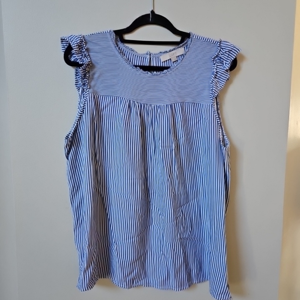 LOFT Womens Sz XL Flutter Sleeve Blouse Blue & White Striped Spring
